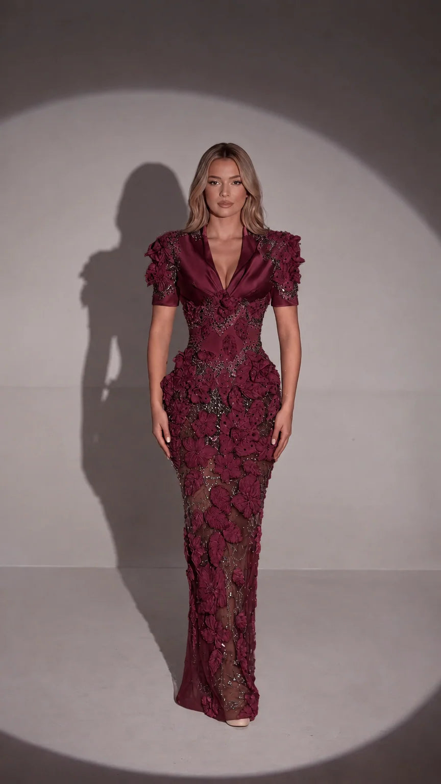 Front view of burgundy red 3D floral appliqué embellished maxi dress
