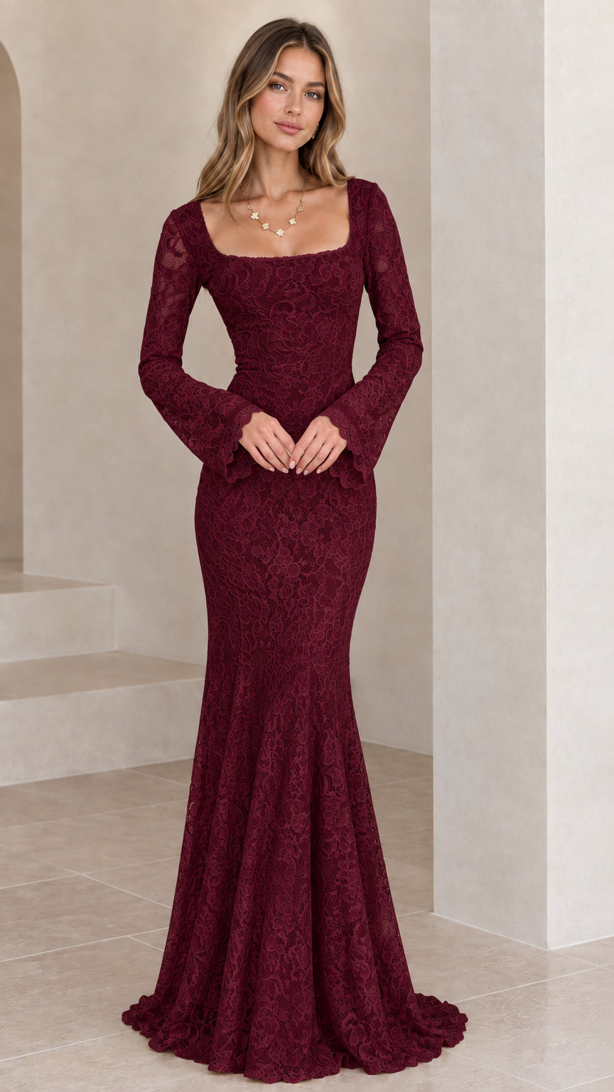 Burgundy wine square neck floral lace bell sleeve evening dress