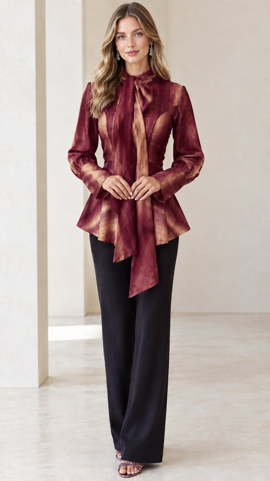 Model wearing Wine Red watercolor long sleeve tie-neck peplum blouse