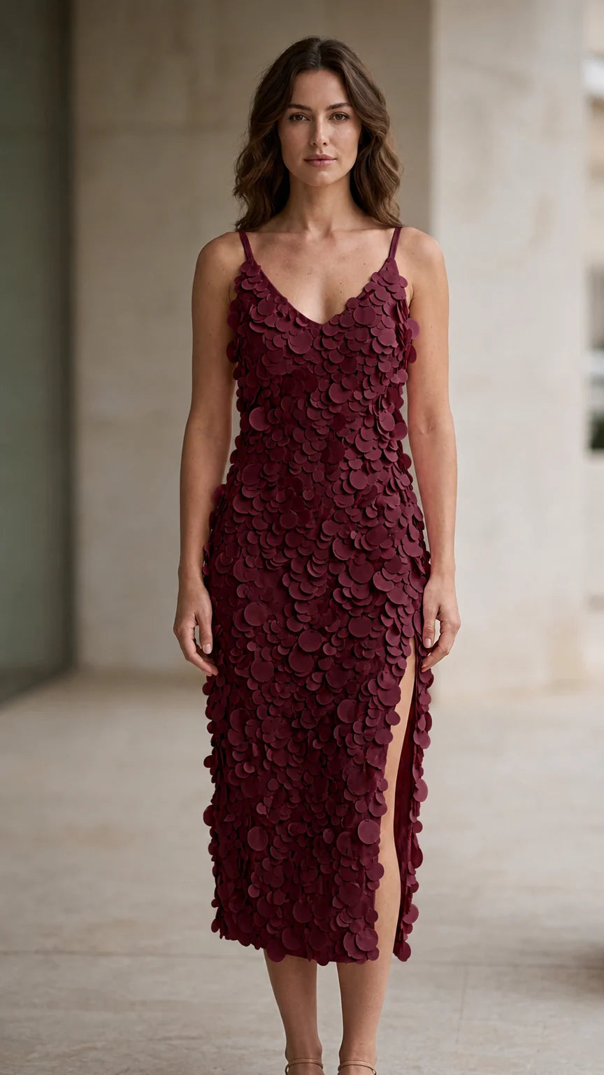 Model wearing burgundy 3D petal applique midi dress