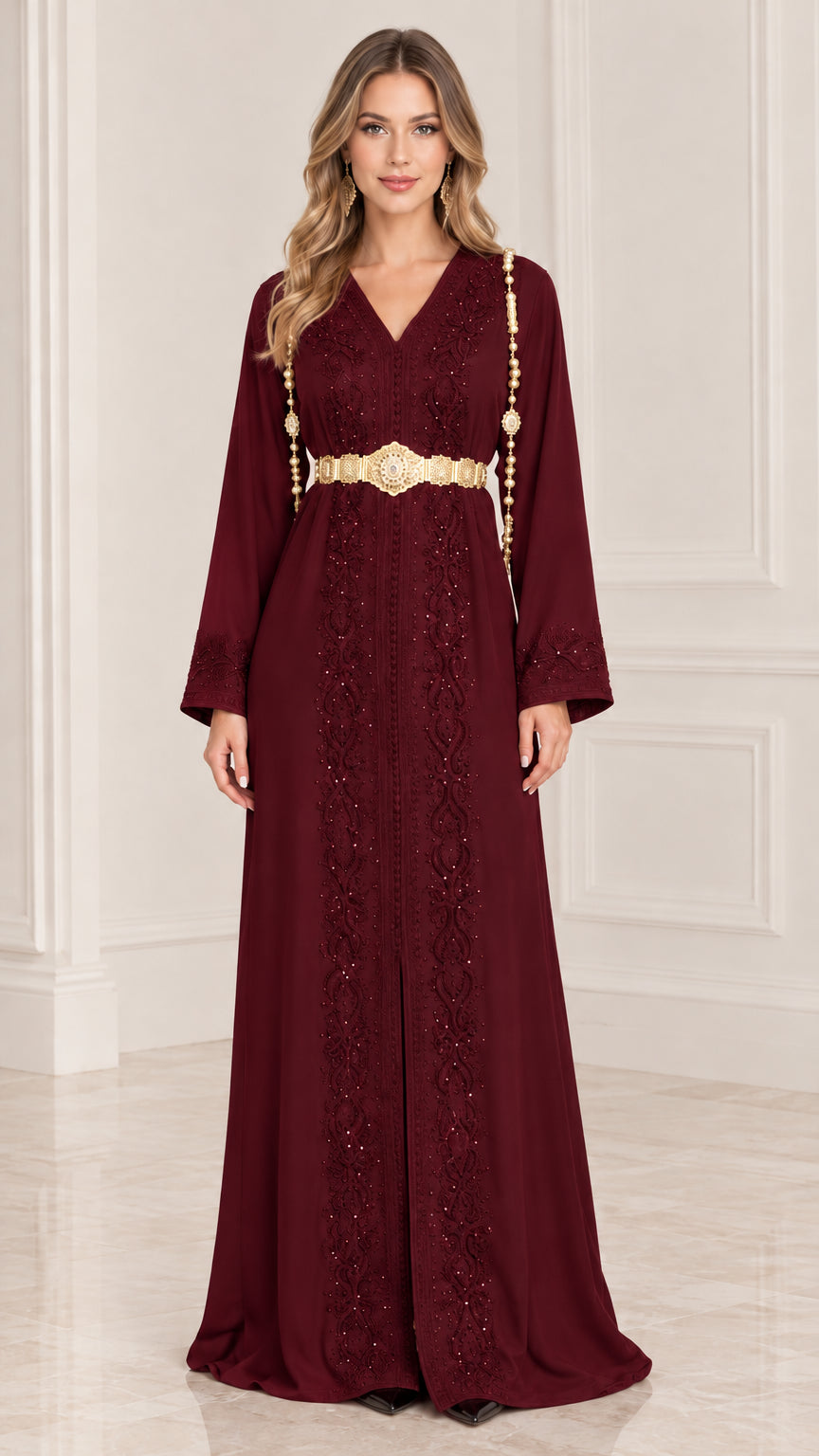 Burgundy wine embroidered kaftan maxi dress with gold belt