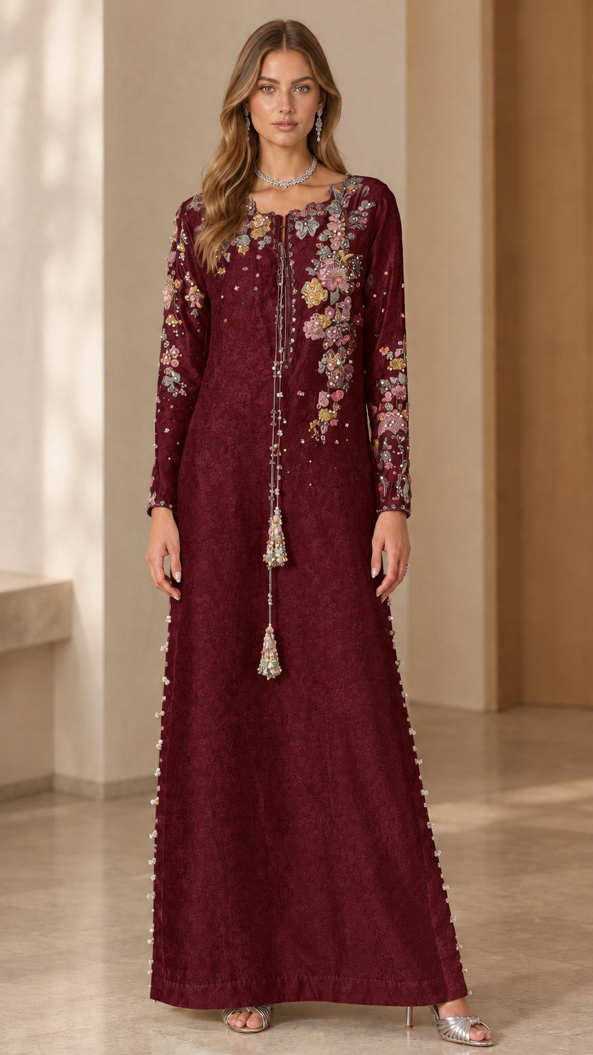 Burgundy wine long sleeve modest evening kaftan dress with embroidery