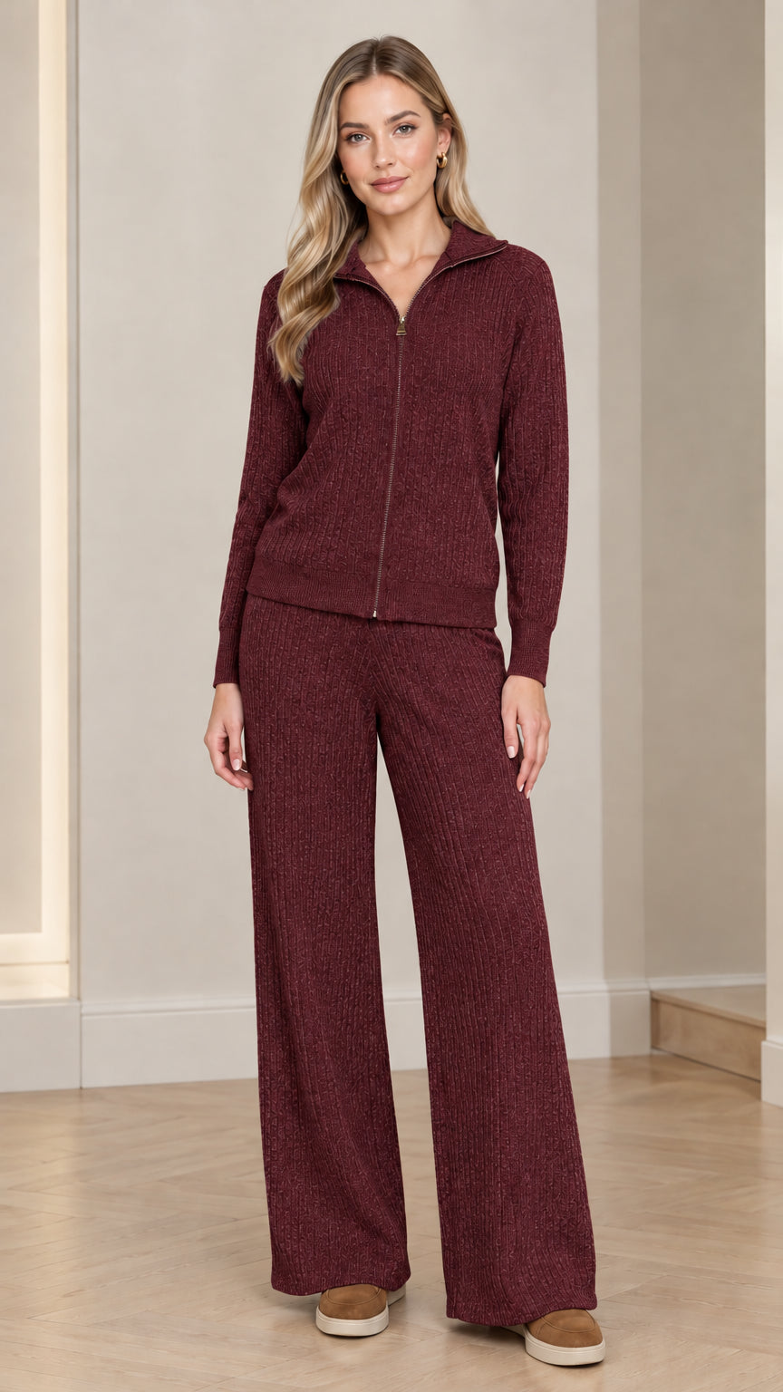 Front full view of woman wearing Burgundy ribbed knit collared lounge set