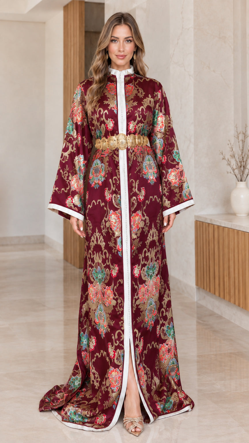 Burgundy floral brocade kaftan maxi dress with gold belt