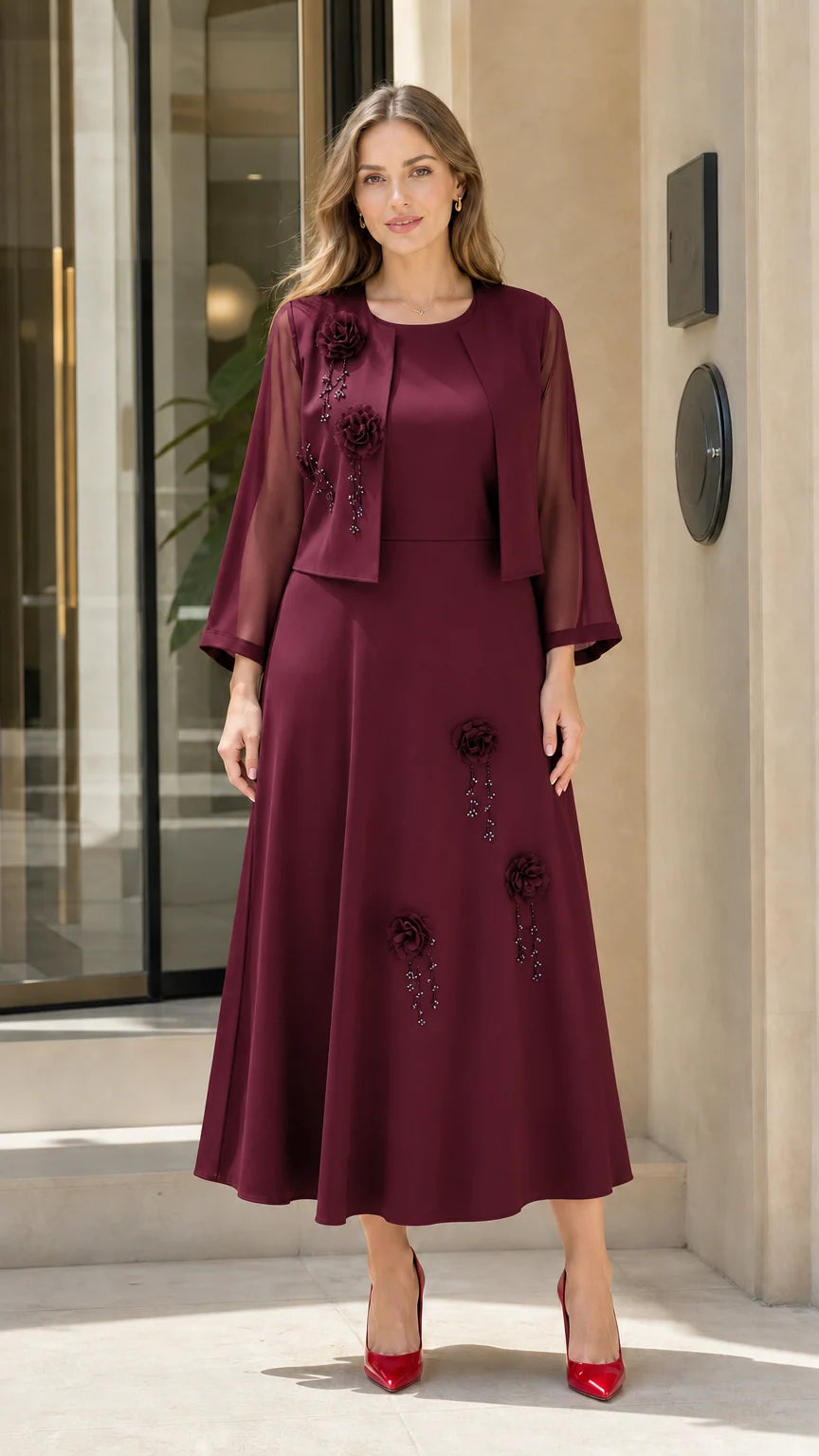 Full front view of Burgundy wine red 2-piece formal maxi dress set with floral details
