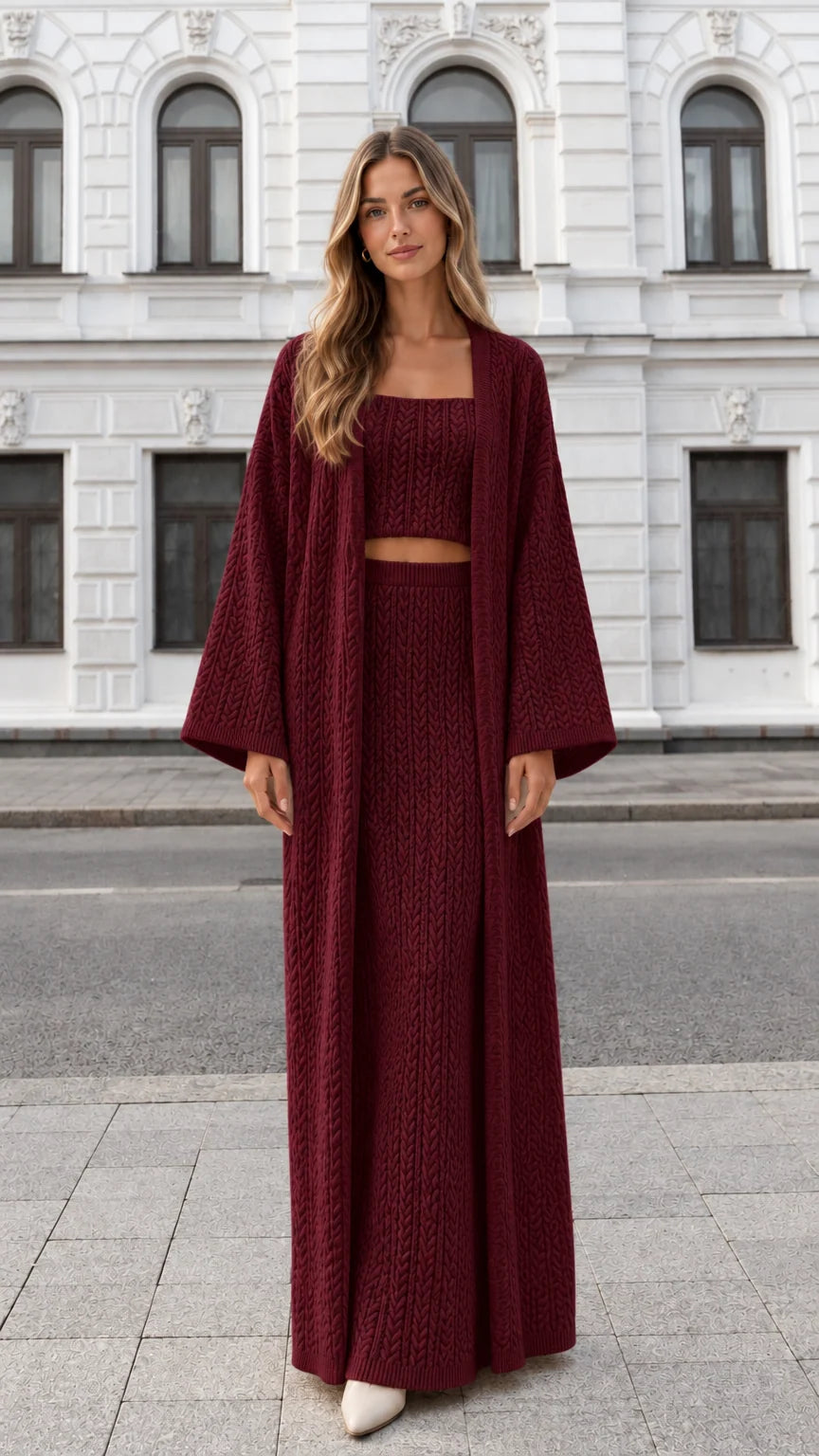 Burgundy wine 3-piece cable knit maxi cardigan, crop top, and skirt set