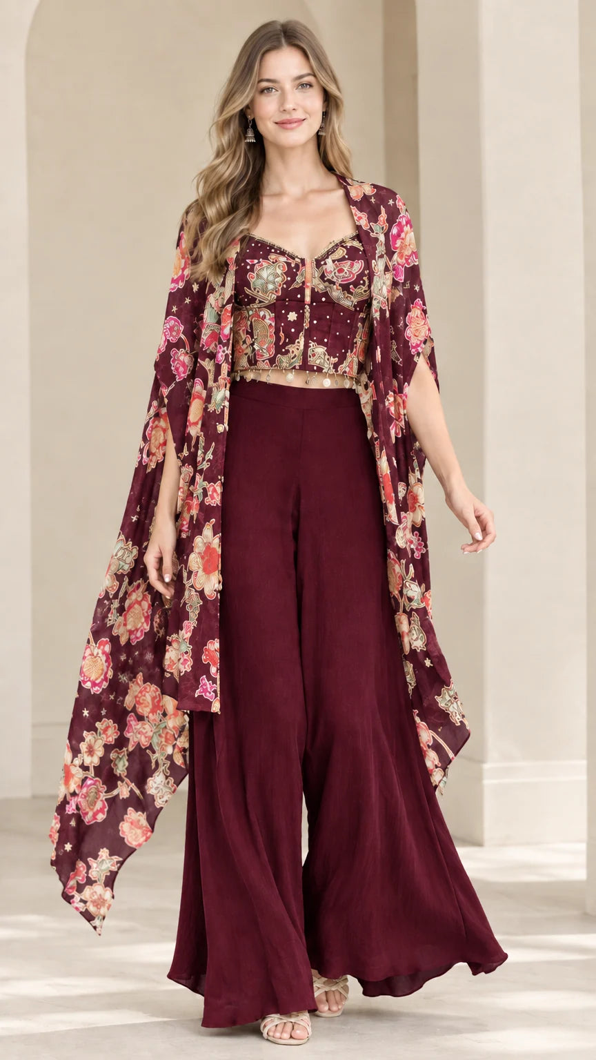 Burgundy wine floral cape and wide-leg trousers set