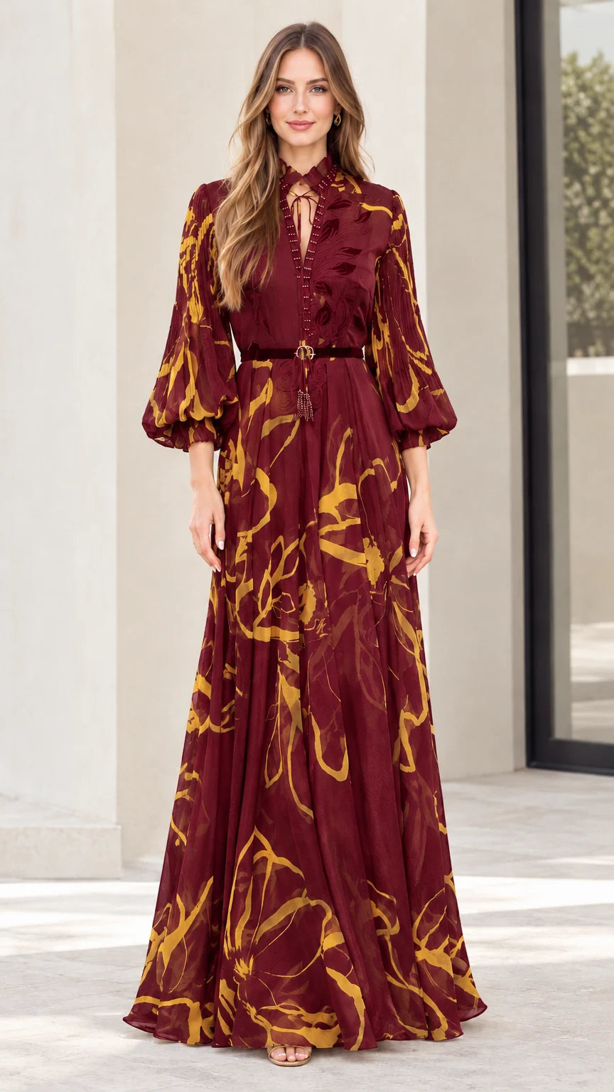 Model wearing burgundy red abstract floral print belted maxi dress