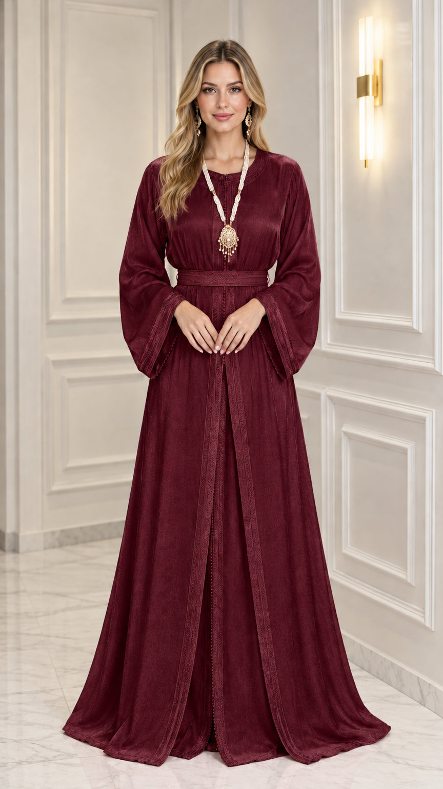 Front view of woman wearing Burgundy wine red satin kaftan gown