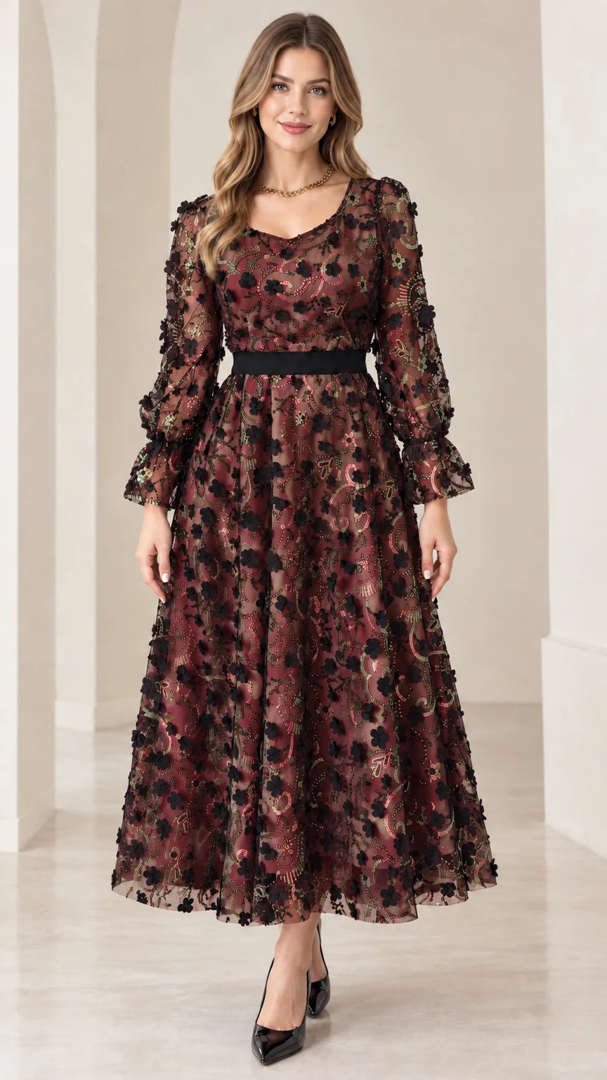 Front view of burgundy wine red 3D floral sequin midi dress
