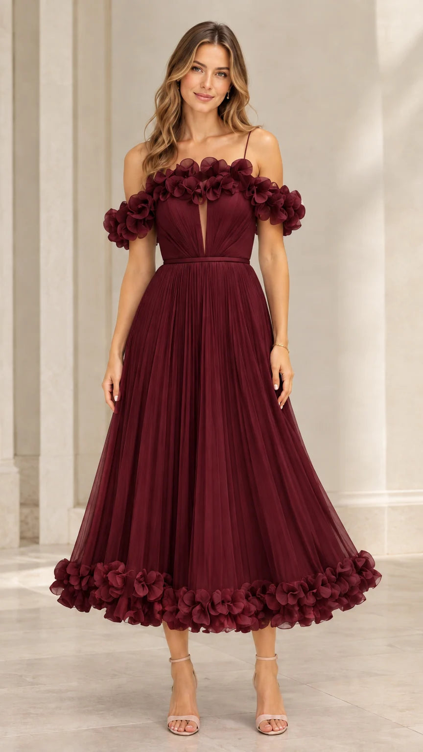 Full-length view of burgundy red 3D floral trim pleated tulle evening dress