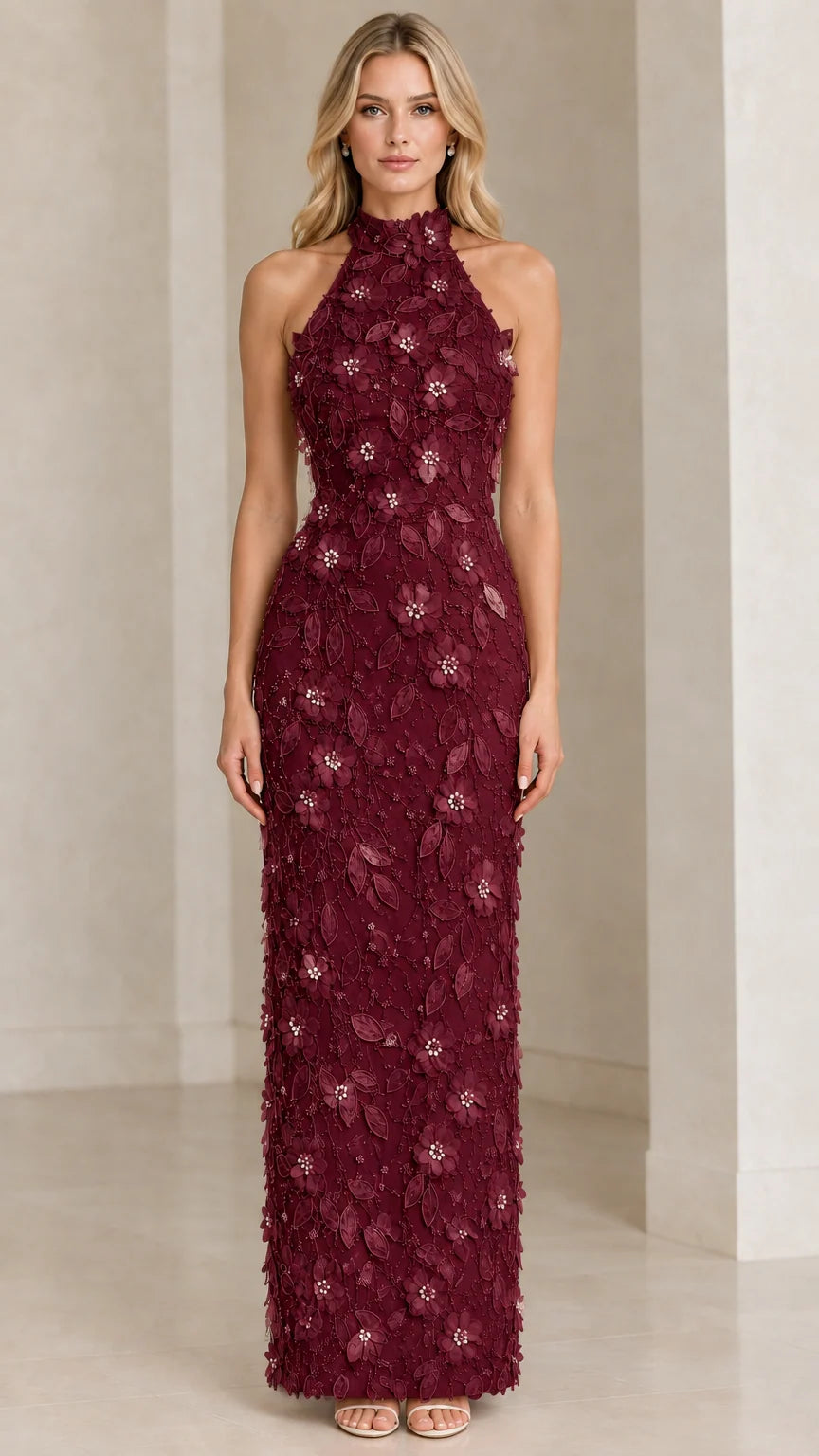 Burgundy wine red halter formal maxi dress with 3D floral appliques