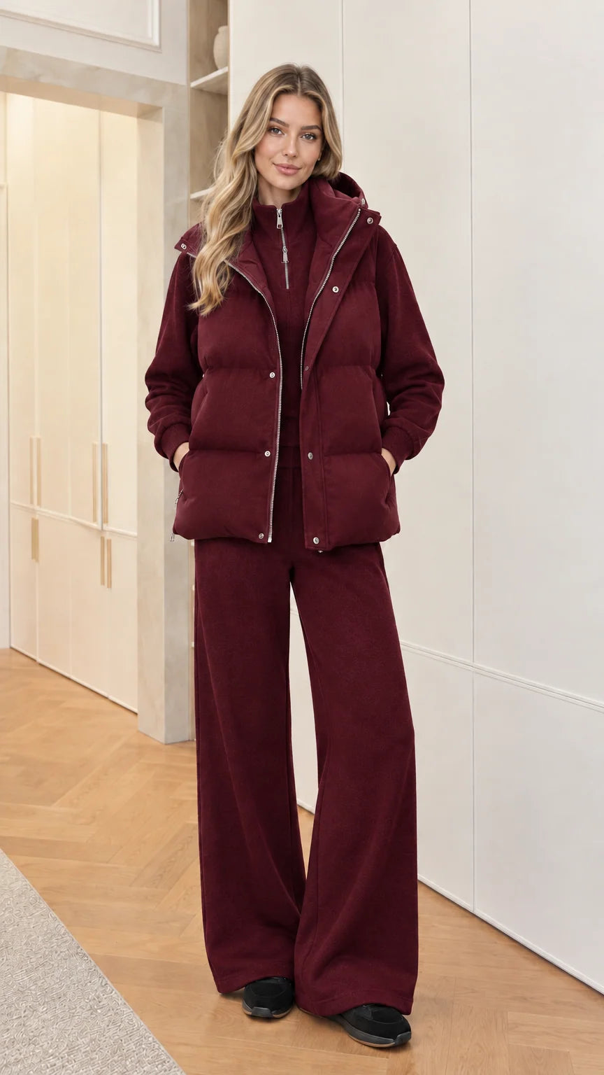 Women's 3-piece hooded puffer vest and lounge set in Burgundy
