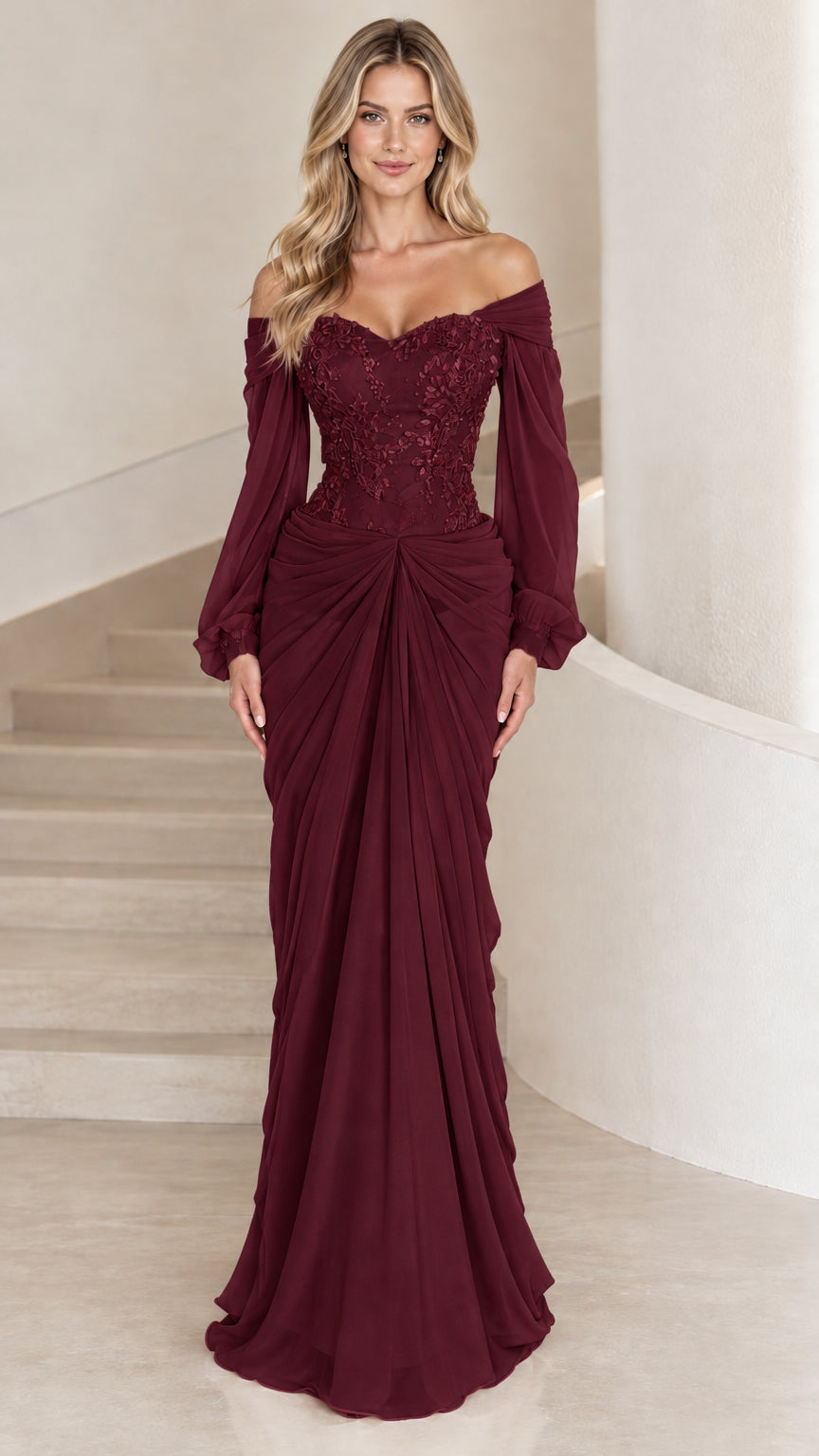 Front view of model wearing burgundy off-the-shoulder embroidered lace formal gown