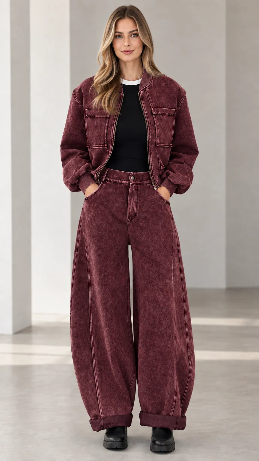 Full front view of washed burgundy red denim jacket and wide leg pants set