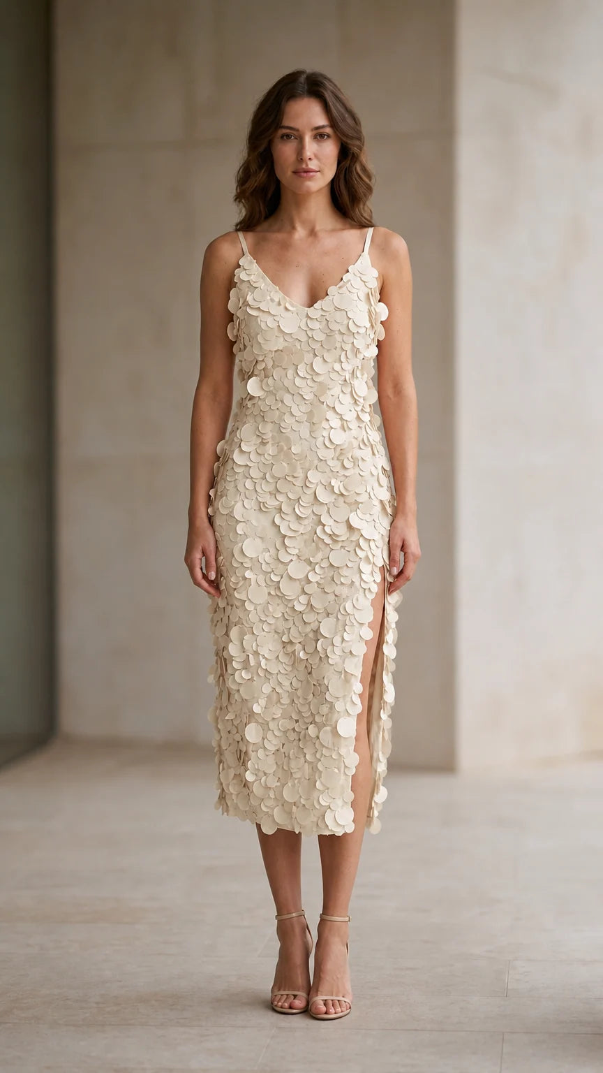 Model wearing champagne 3D petal applique midi dress