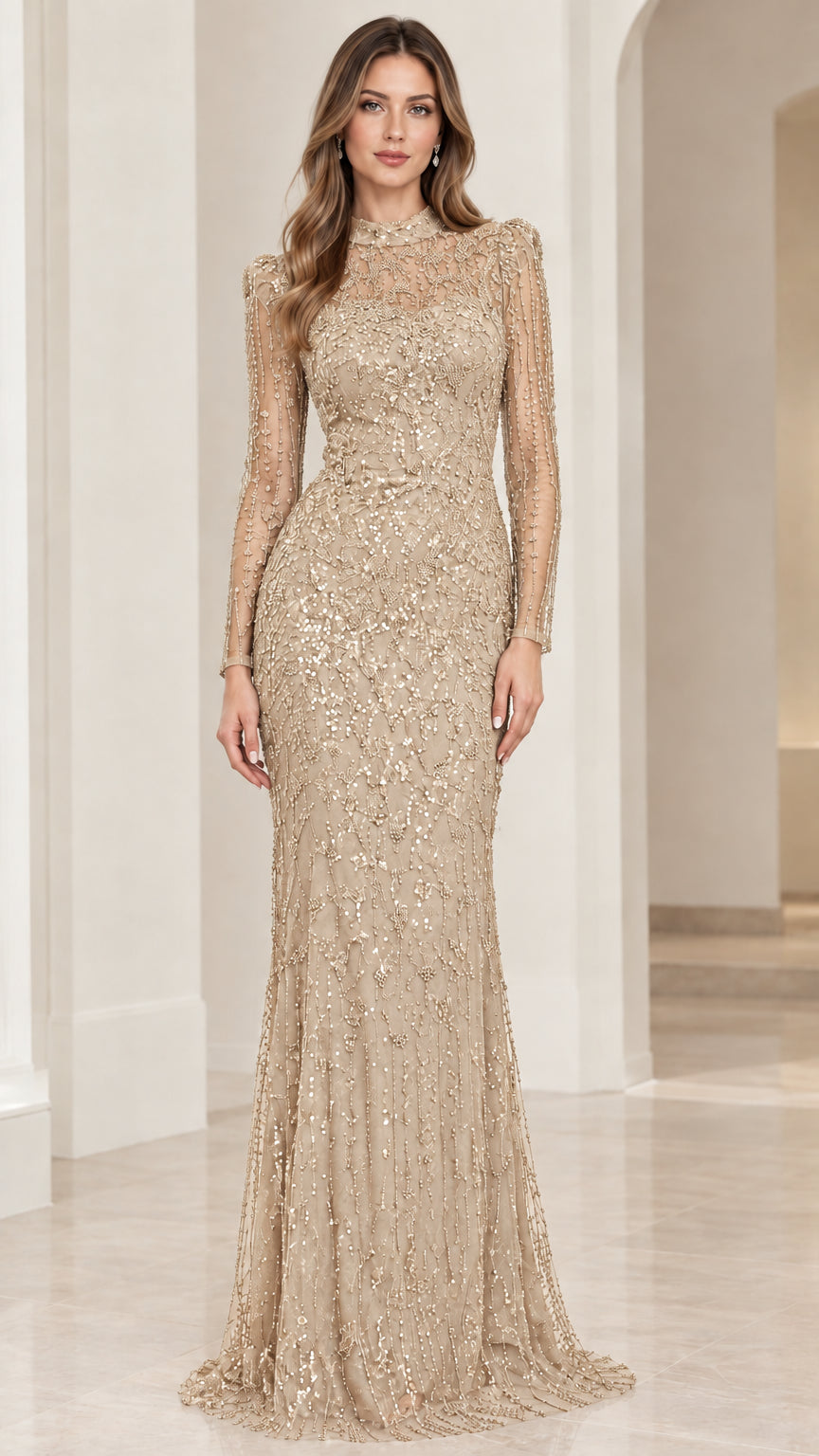 Champagne gold embellished illusion high-neck formal gown