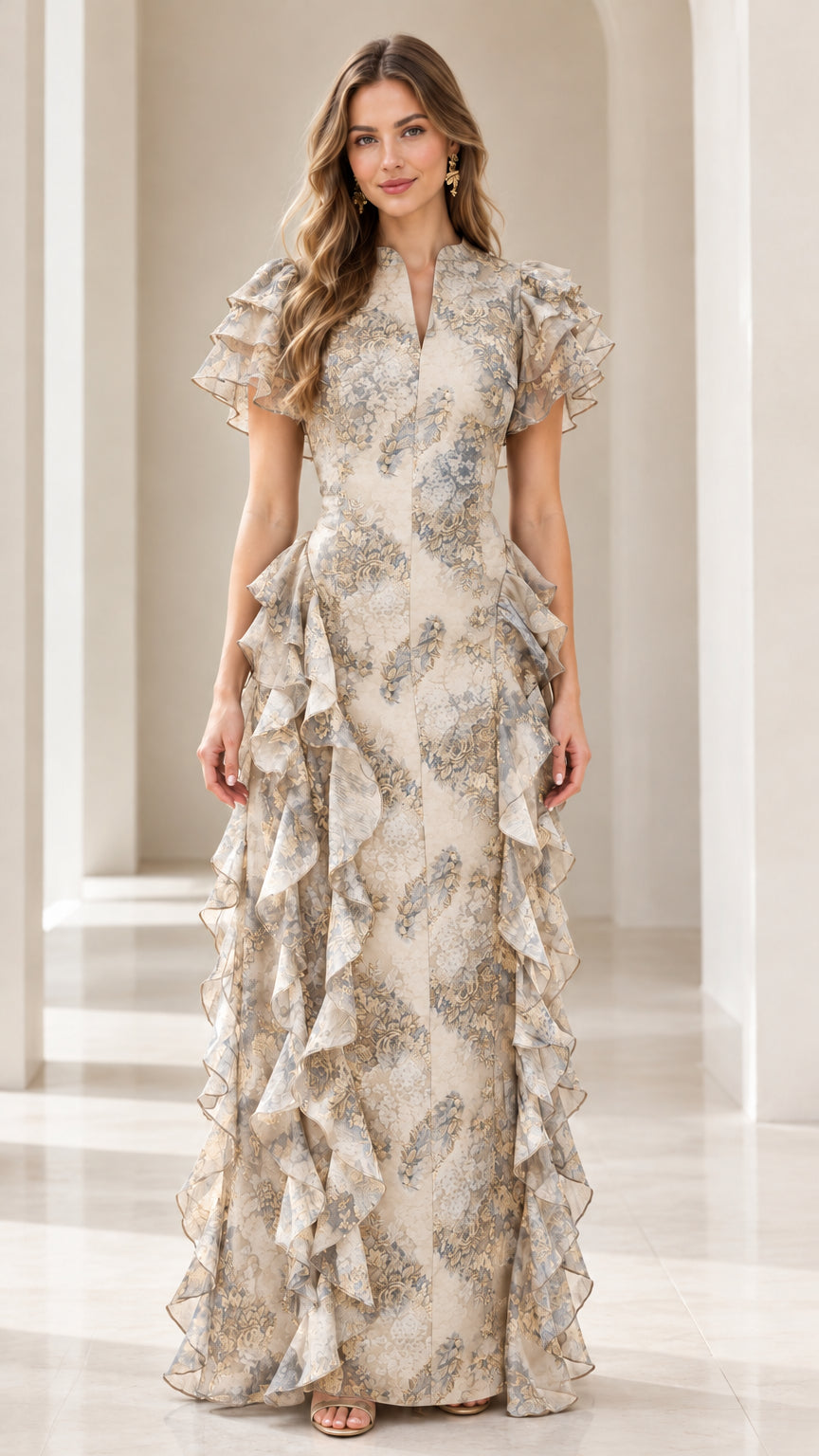 Full-length view of Champagne beige floral flutter sleeve formal maxi dress