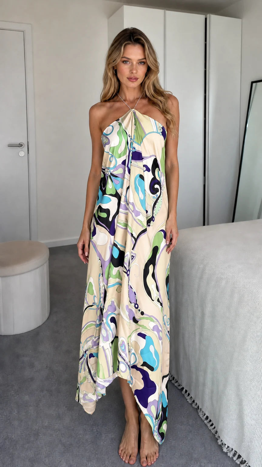 Model wearing beige abstract print halter maxi dress