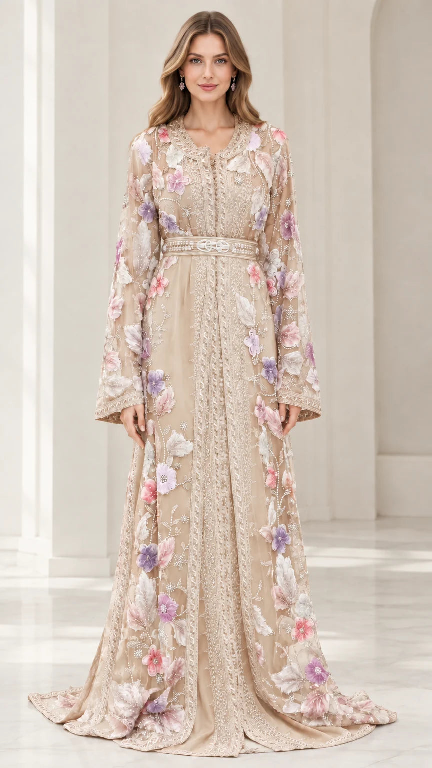 Full-length front view of champagne beige floral embroidered caftan evening gown with belt