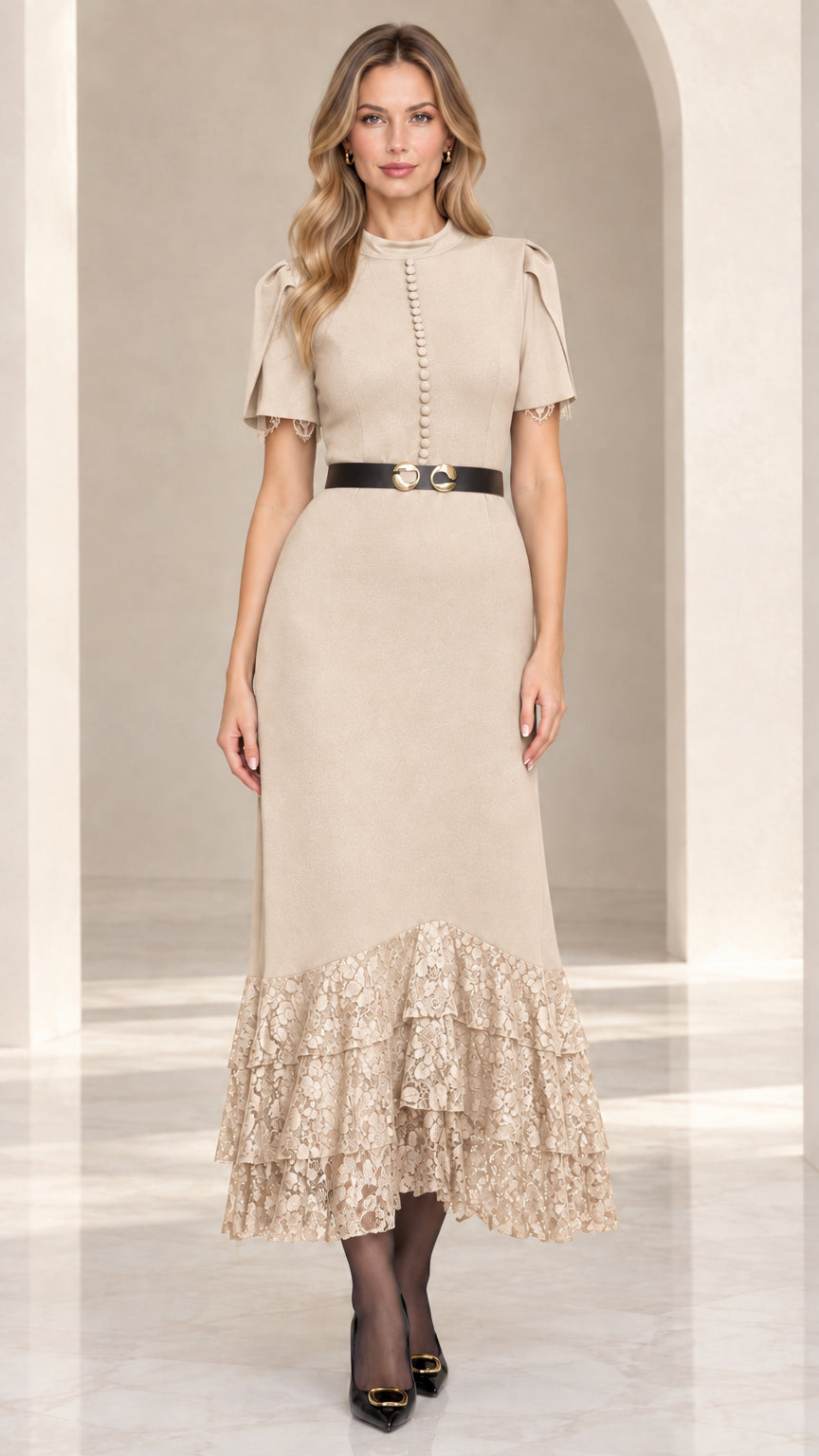 Front view of model wearing beige lace hem flutter sleeve midi dress