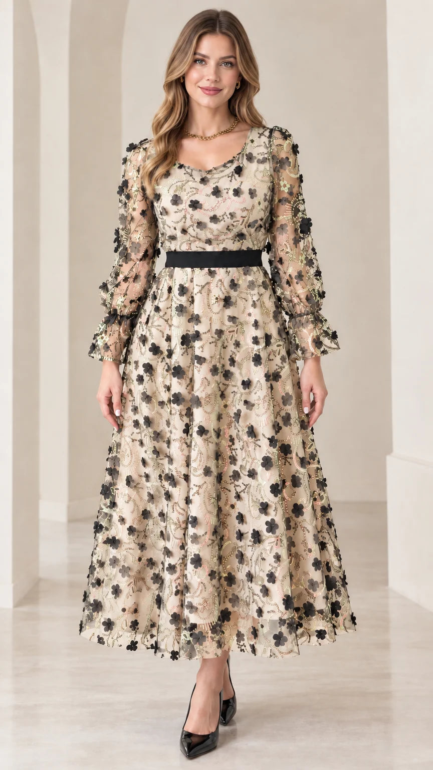 Front view of champagne beige 3D floral sequin long sleeve midi dress
