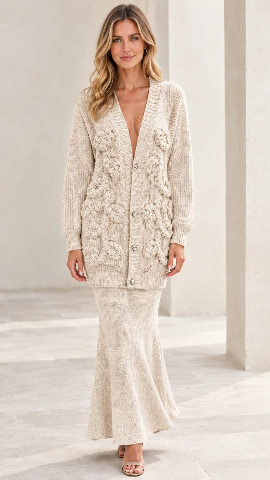 Beige cream 3D floral appliqué knit cardigan and matching maxi skirt set