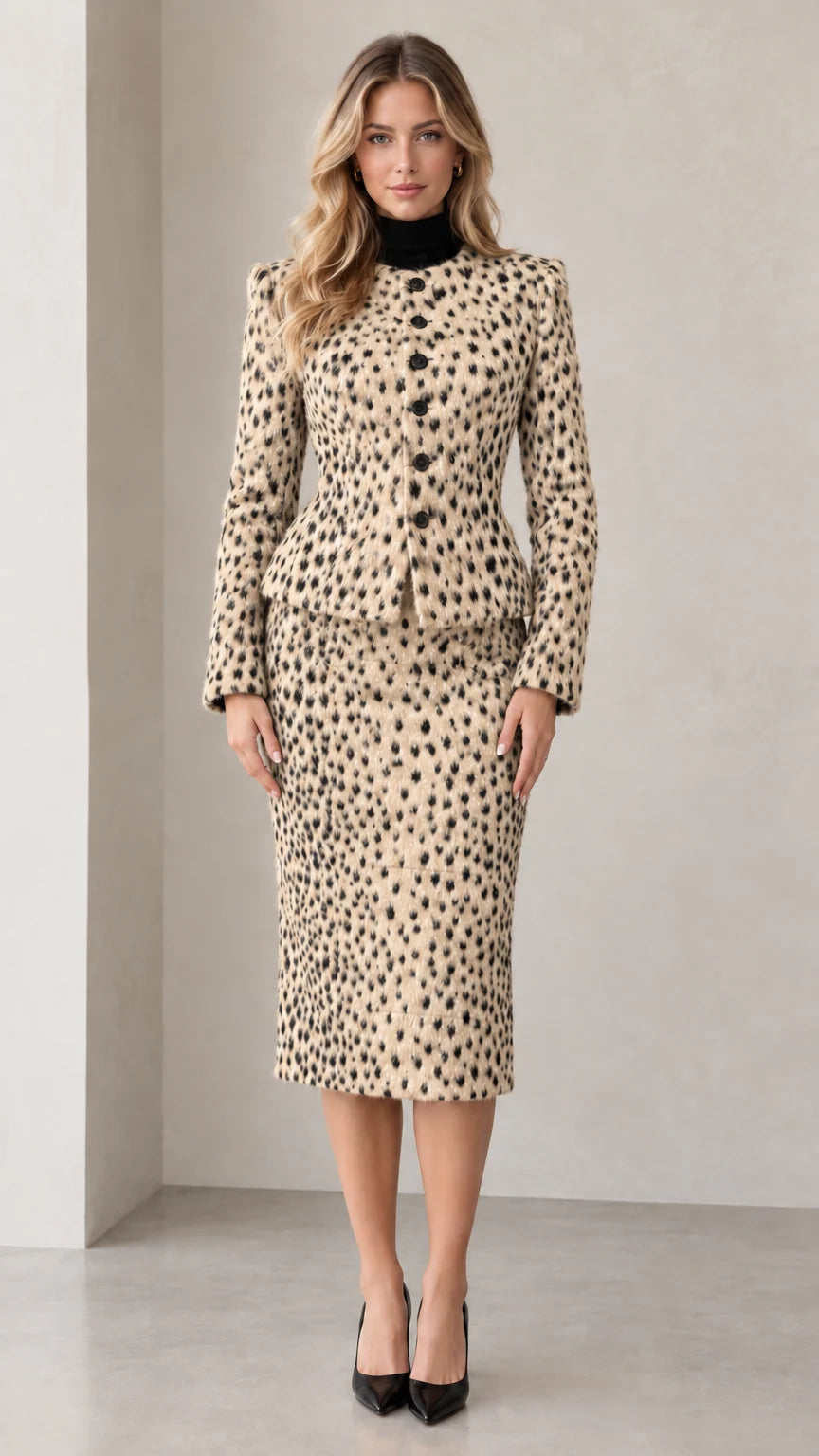 Front full-length view of beige two-piece peplum skirt set