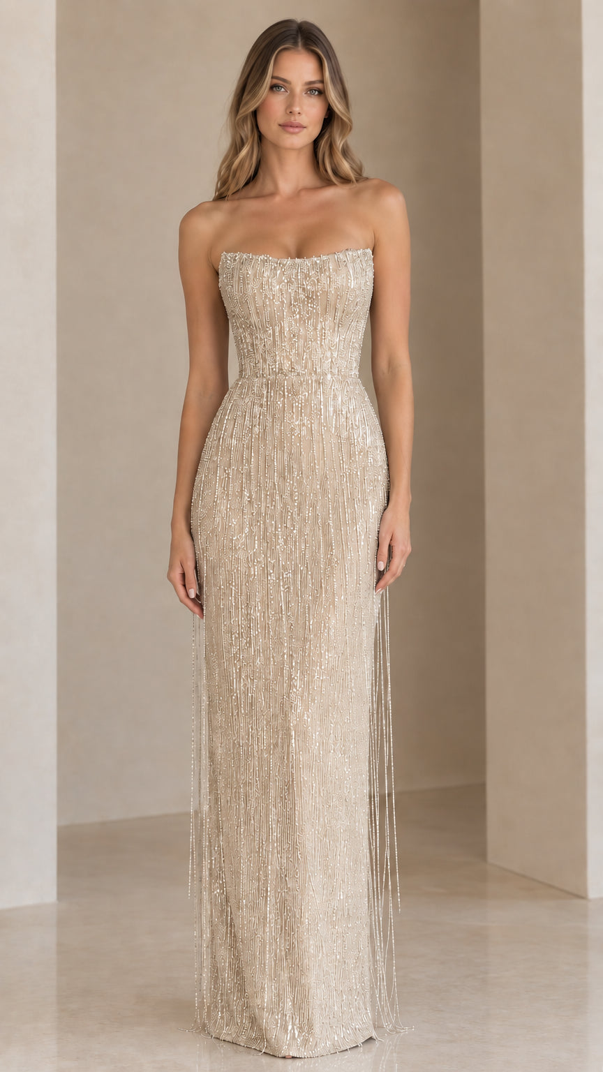 Front view of model wearing a champagne gold strapless beaded formal gown