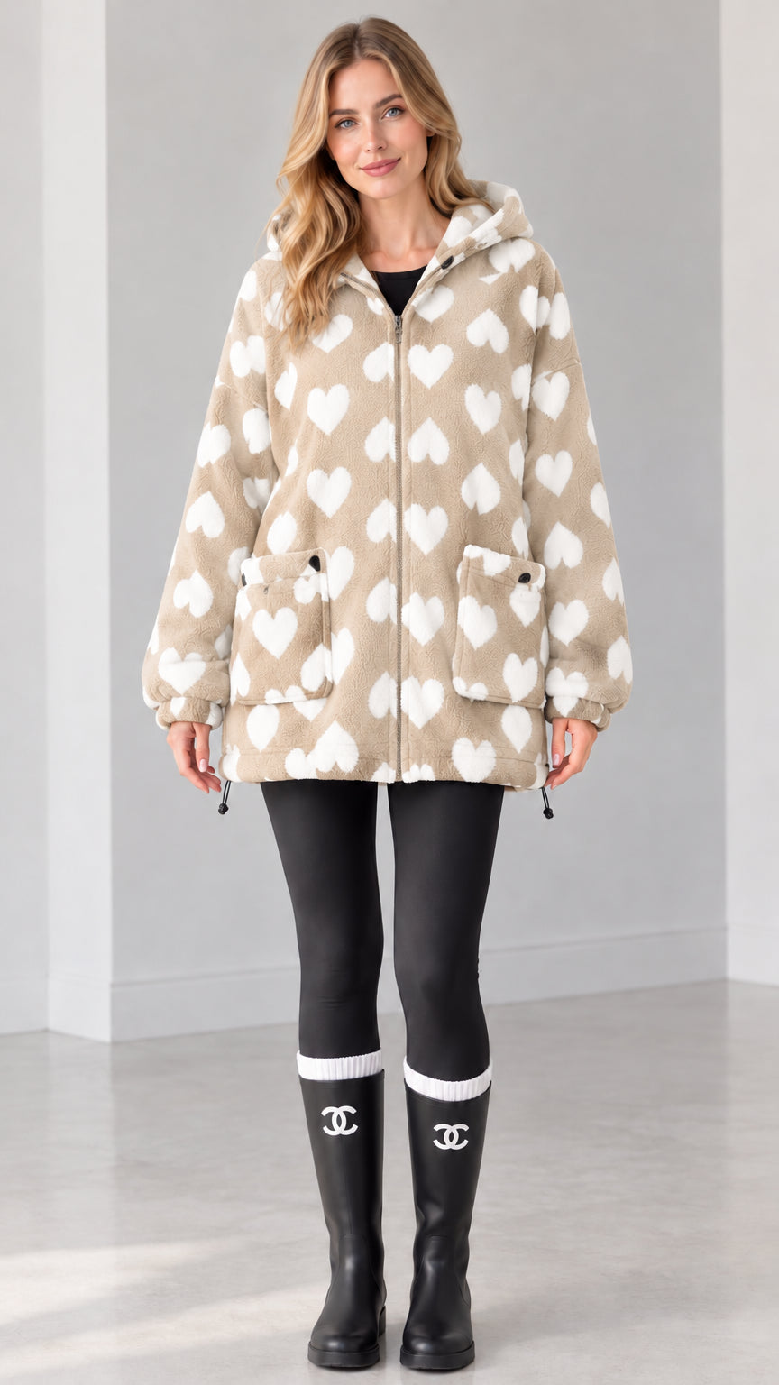 Beige taupe heart pattern hooded zip-up fleece coat on model