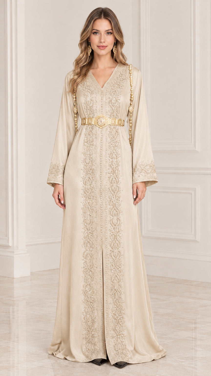 Champagne beige embroidered floor-length kaftan dress