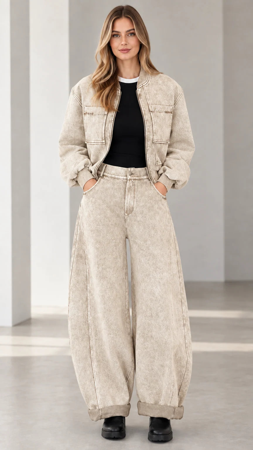 Full front view of washed sand beige denim bomber jacket and wide leg pants set