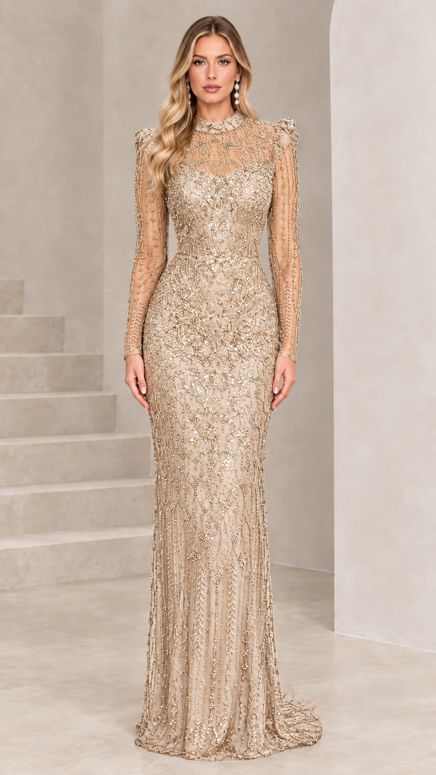 Champagne gold sequin embellished high neck formal maxi dress
