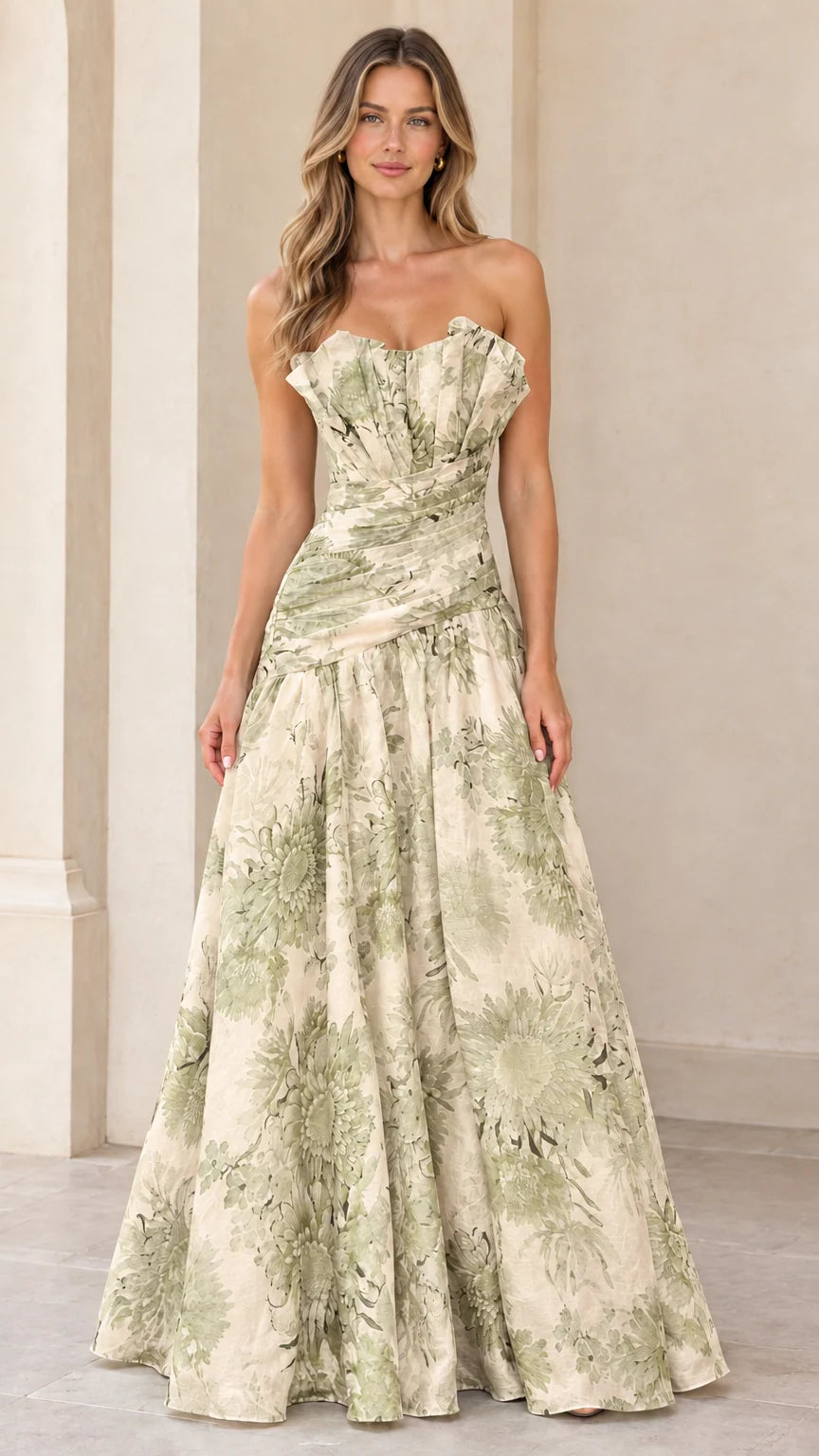 Full-length light sage floral strapless formal evening gown