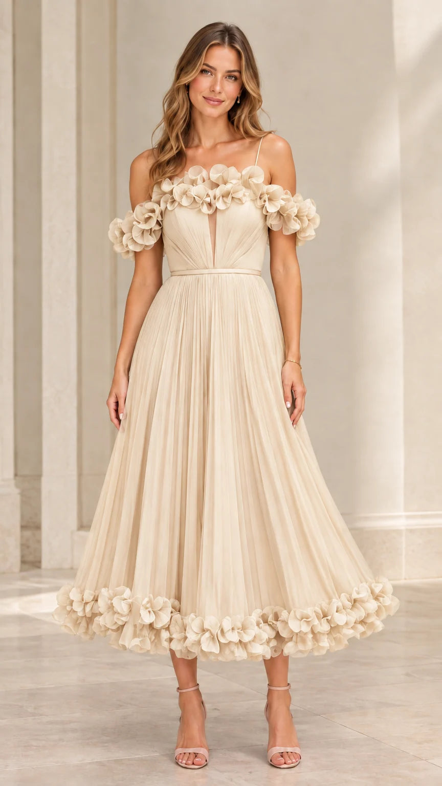 Full-length view of champagne beige 3D floral applique pleated tea-length gown