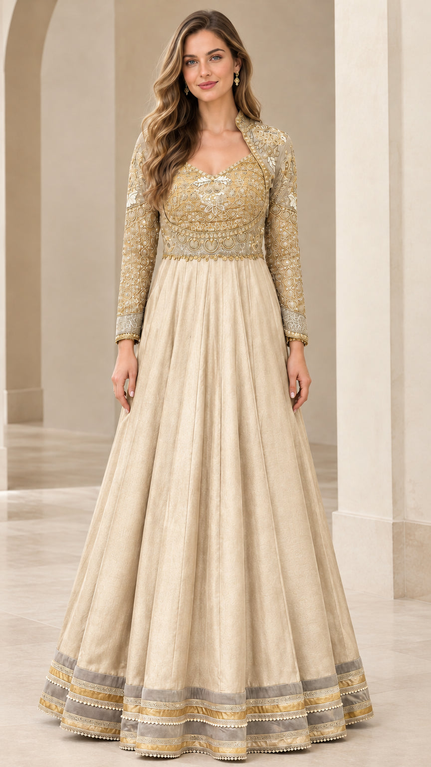 Full-length front view of Champagne beige embroidered long sleeve formal gown