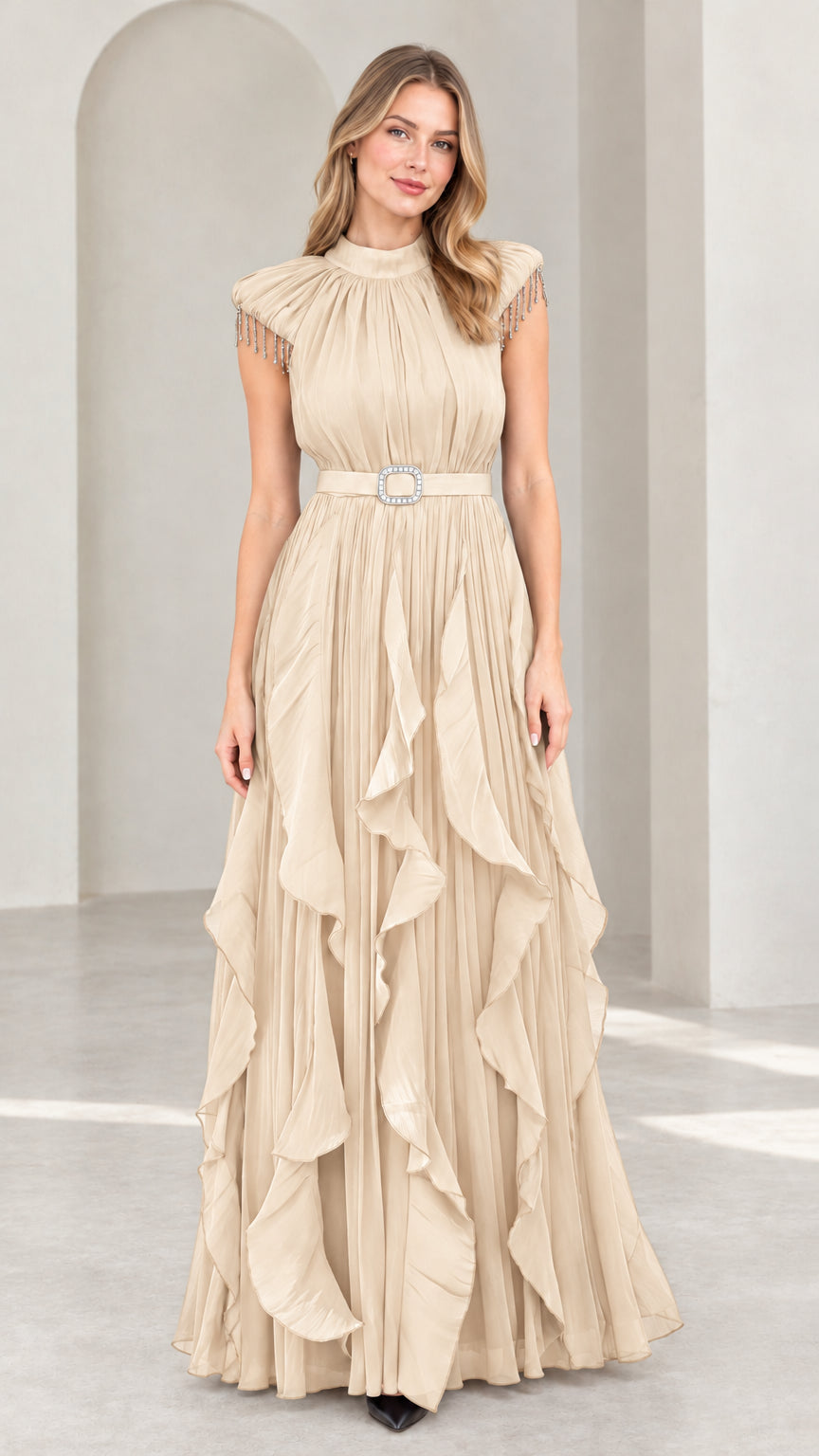 Champagne beige high neck pleated formal maxi dress with cascading ruffles